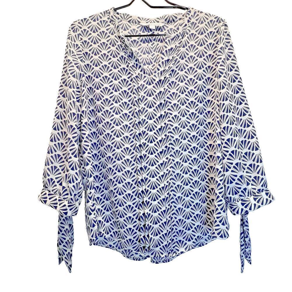 41 HAWTHORN Womens Sheer blue Tribal Print Embellished V Neck Tunic Shirt M.
